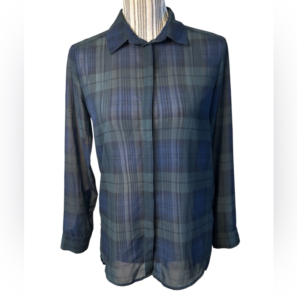 H&M Top Size 2 Plaid Button-Down Shirt Navy Green Semi-Sheer Long Sleeves